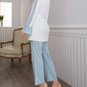 Color Block Flounce Sleeve Belted Top & Pants